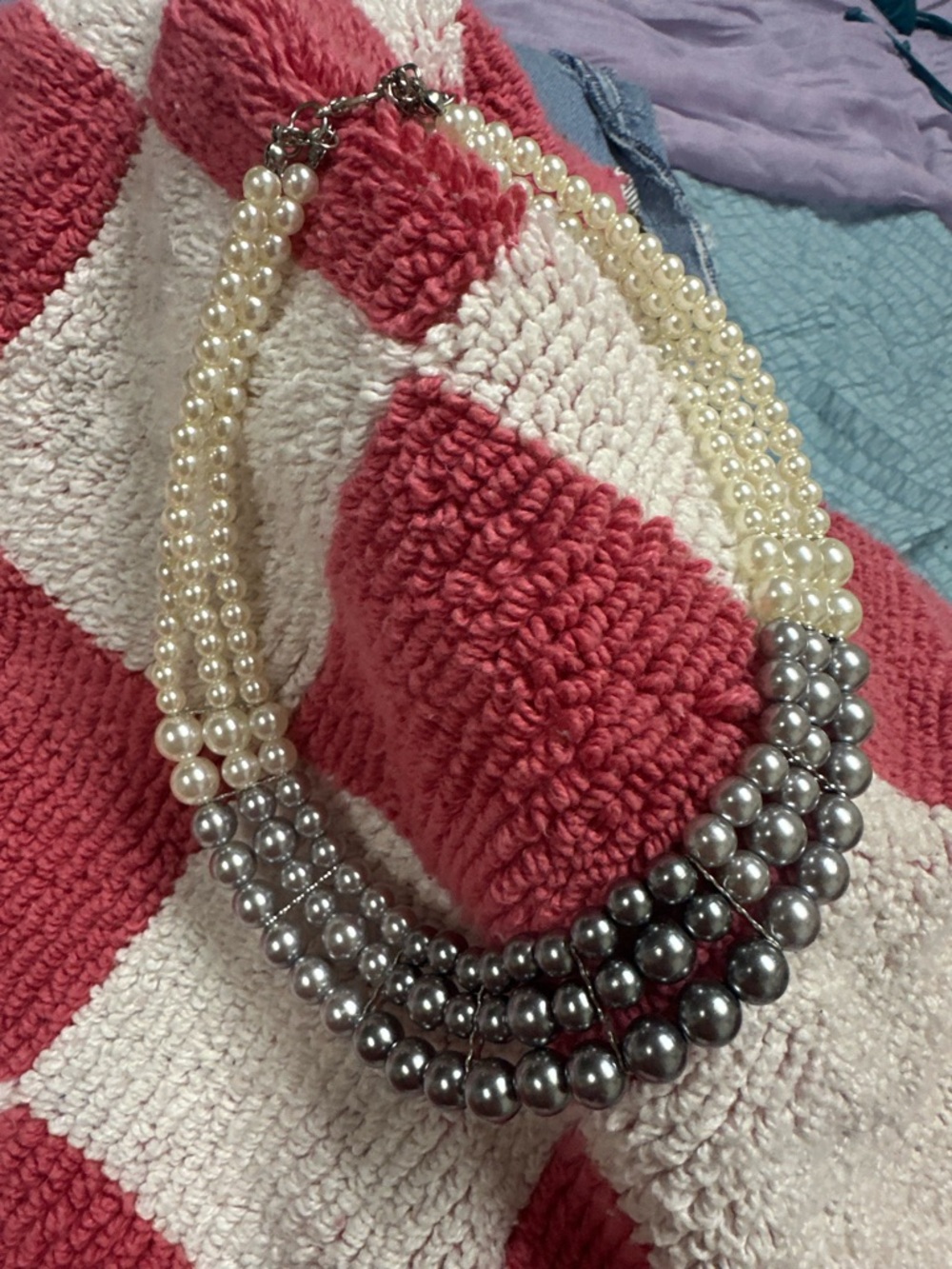 Elegant Two-Tone Pearl Multi-Strand Necklace - Cream & Silver